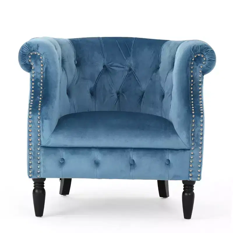 Contemporary Button-Tufted Upholstered Club Chair with Nailhead Trim & Birch Legs