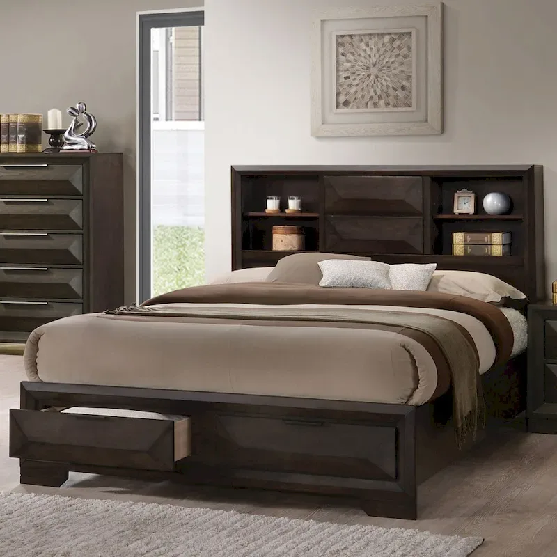 Transitional Espresso Wood Bookcase Headboard Platform Bed with Footboard Storage Drawers