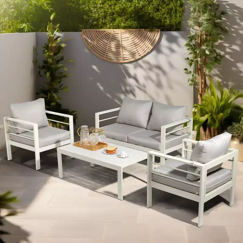 Karl Home White 4-Piece Aluminum Patio Conversation Set with Light Gray Cushions