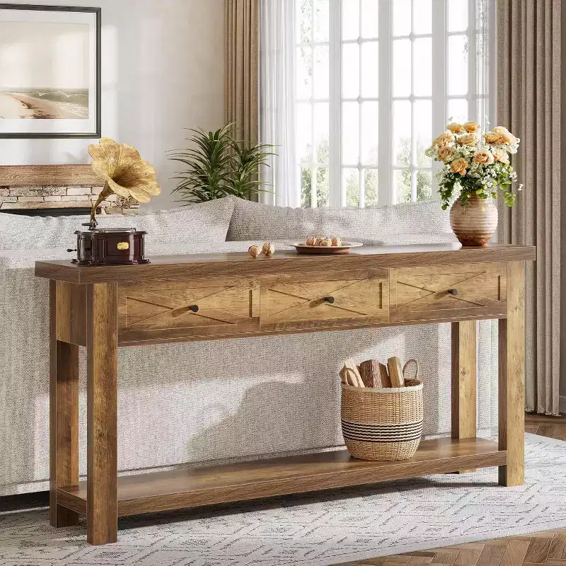 70.9 Console Table with 3 Drawers, Farmhouse Entryway Table with Storage Shelf, Sofa Table Behind Couch for Hallway, Foyer,