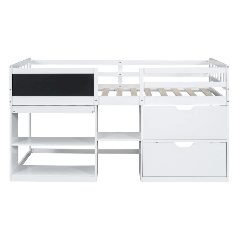 Twin Size Low Loft Bed with Rolling Desk and Drawers