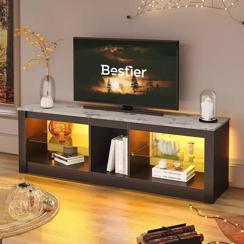 Particle Board TV Stand with Glass Shelves 18.5''H x 55.12''W x 13.78''D