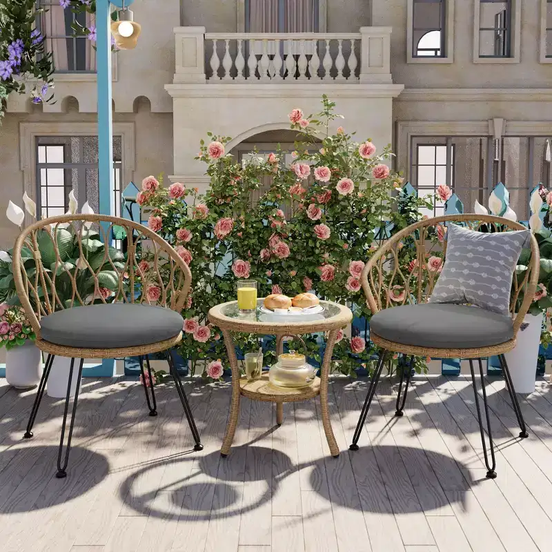 JVNOXK-Outdoor Leisure Set, 2 Rattan Single Chairs with A Glass Round Table, Perfectly Suited for Patios, Balconies, and Courtyards