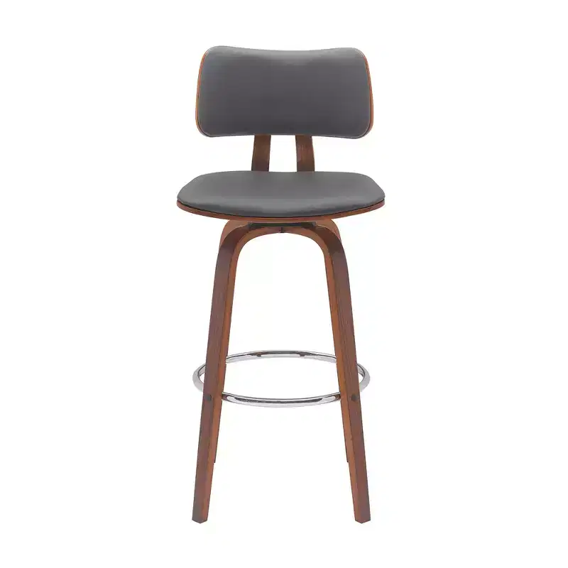 30 Gray And Wood Brown Faux Leather Swivel Low Back Bar Height Bar Chair