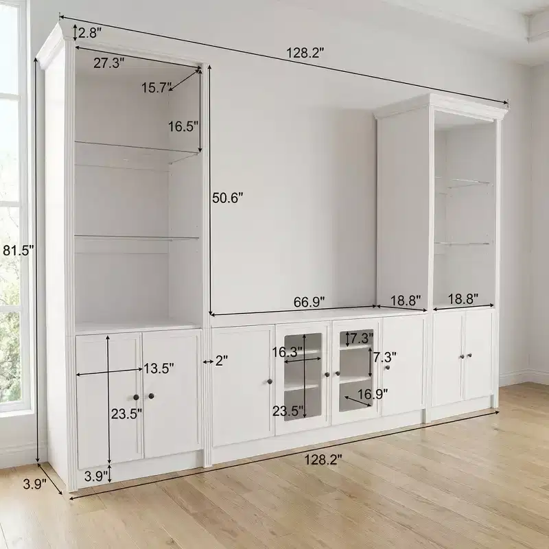 JVNOXK 91 128.2 Modern 3-Piece Wall Unit with Glass Cabinets & Adjustable Shelves for Living Room