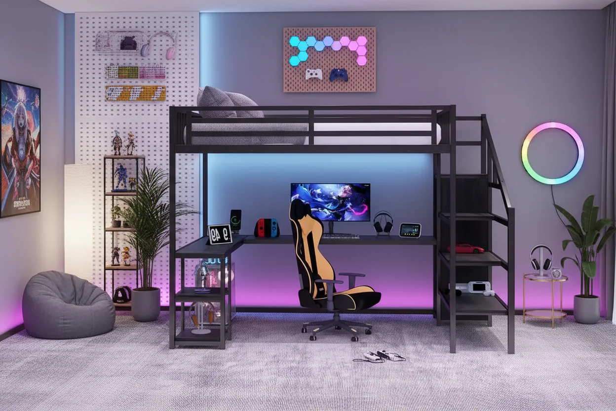 Full/Queen Metal Loft Bed with Wardrobe, L-Shaped Desk, USB & LED Lights, Space-Saving Gaming Loft Bed Frame