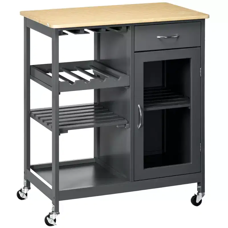 Rolling Kitchen Island Storage Cart – Bamboo Top, Drawer, Cabinet, Shelves & 4 Casters