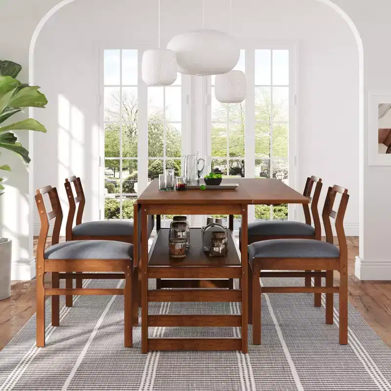 ModernLuxe 5 PCS Extendable Dining Table Set for 4, Dining Set Dinette Kitchen Table Set with Drop Leaves, Storage Shelf, 4 Upholstered Chairs