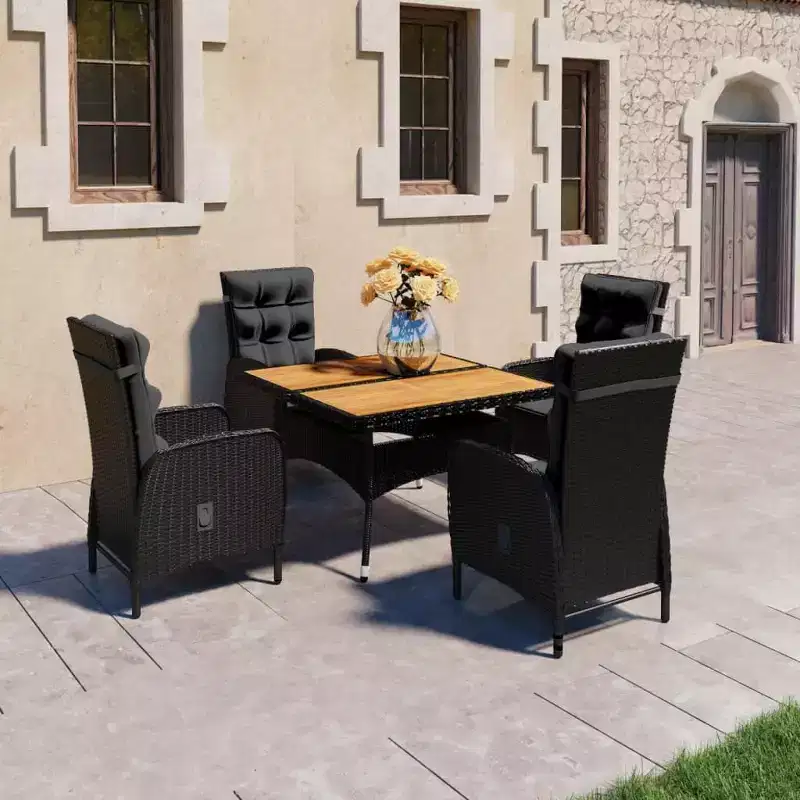 vidaXL Garden Dining Set Black Poly rattan, acacia wood, steel
