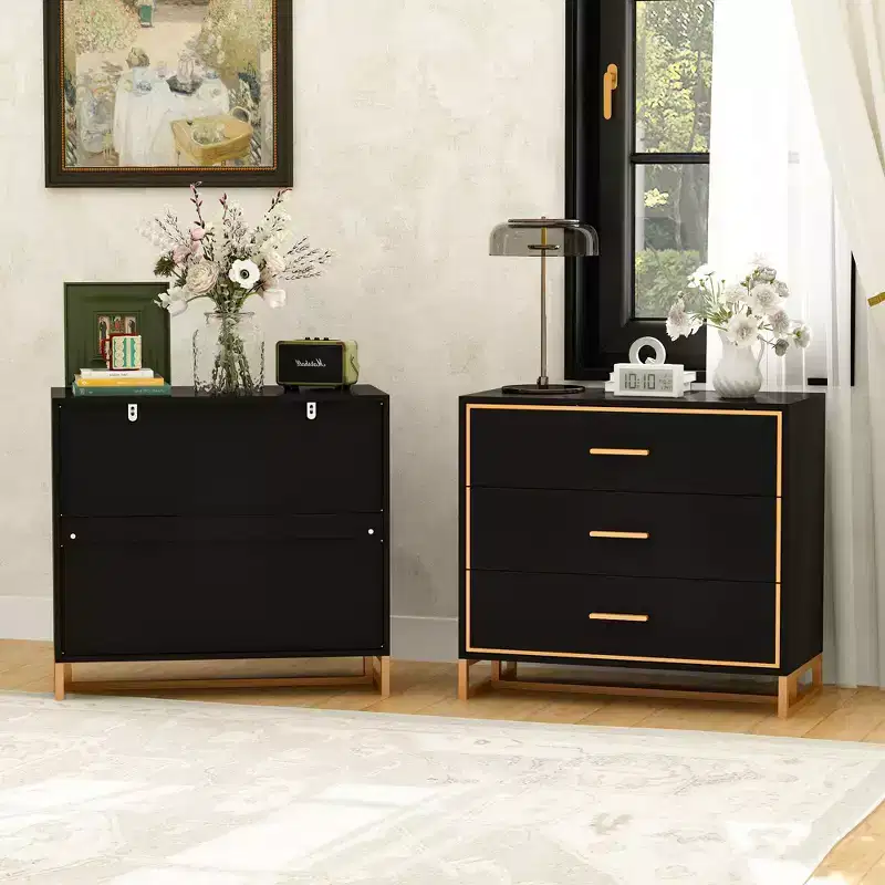 3-Drawer Modern Nightstand with Open Metal Frame, Black & Gold Finish, 28.7