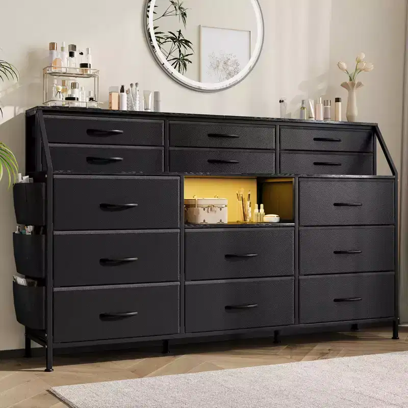 14-Drawer Dresser with Wood Top & 2 Shelves | Large Fabric Storage Organizer for Bedroom, Living Room & Closet