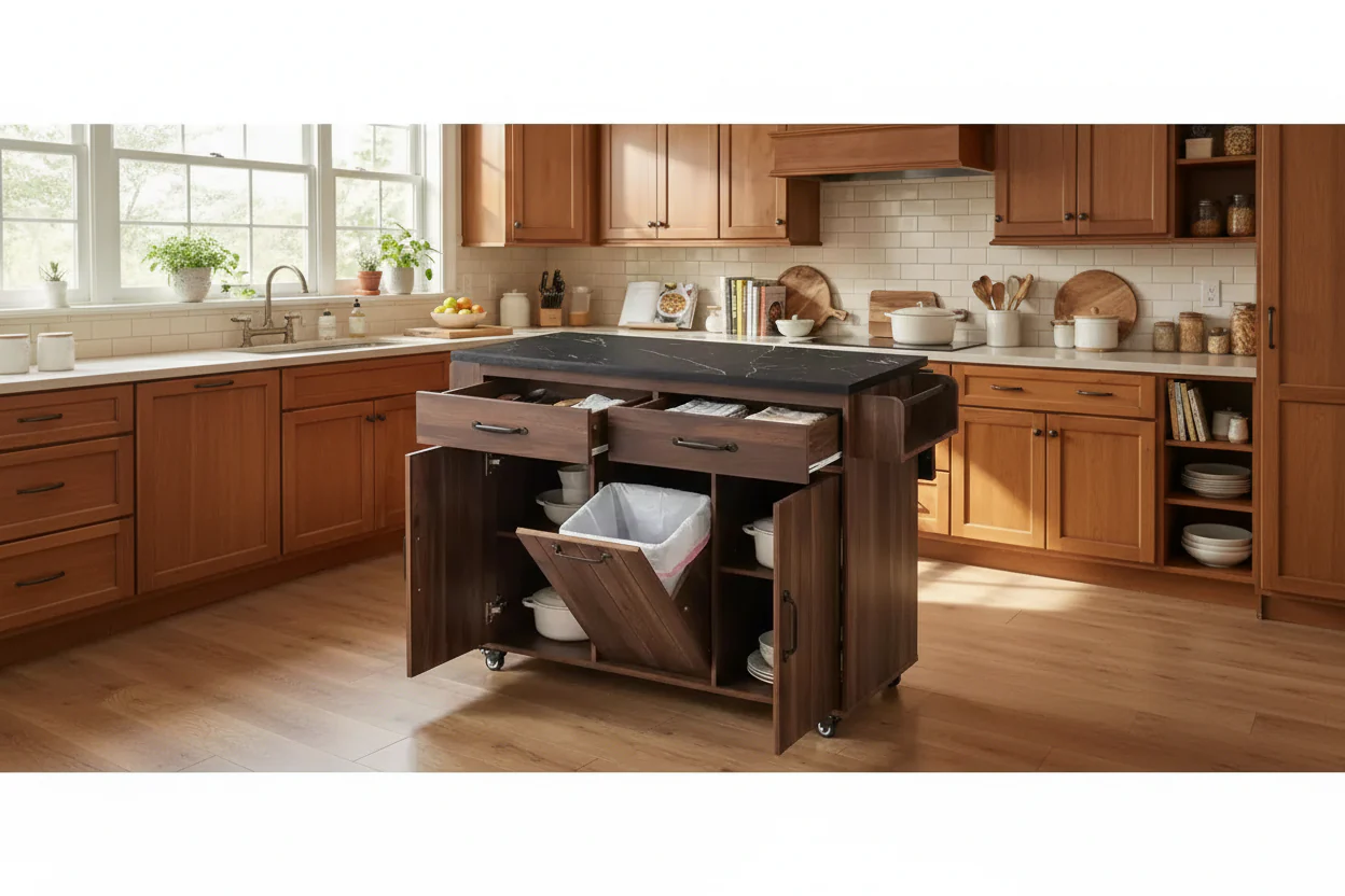 Walnut Rolling Kitchen Island Cart with Tilt-Out Trash Storage, 1-Person