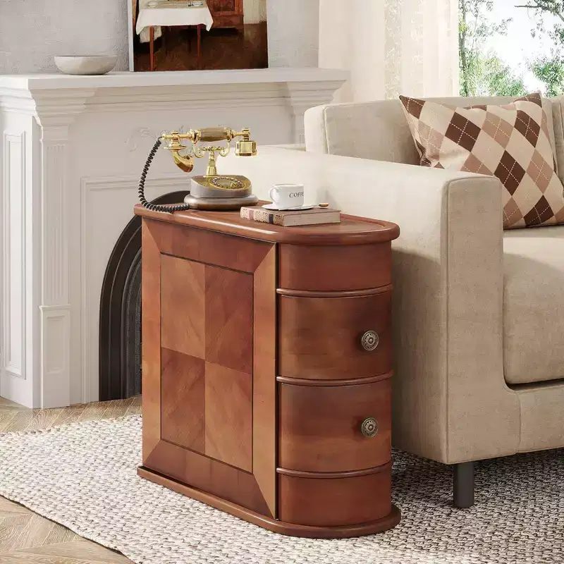 2-Drawer Narrow Solid Wood End Table – Walnut, 23.6