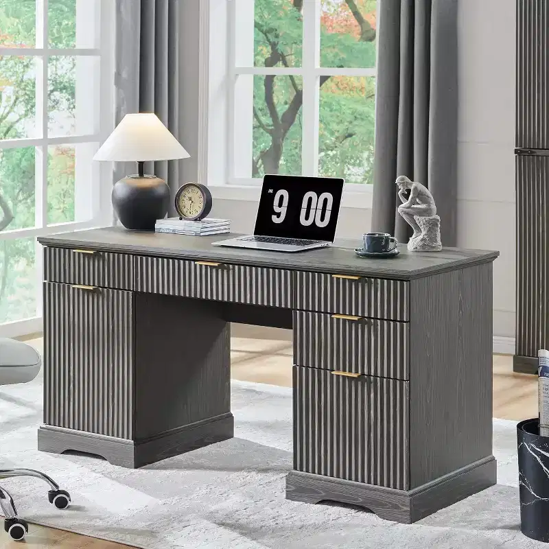 SinCiDo 58 Desk,Modern Grooved Computer Writing Desk,w/ 5 Drawers and 1 Adjustable Storage Cabinet,Desk for Study and Bedroom
