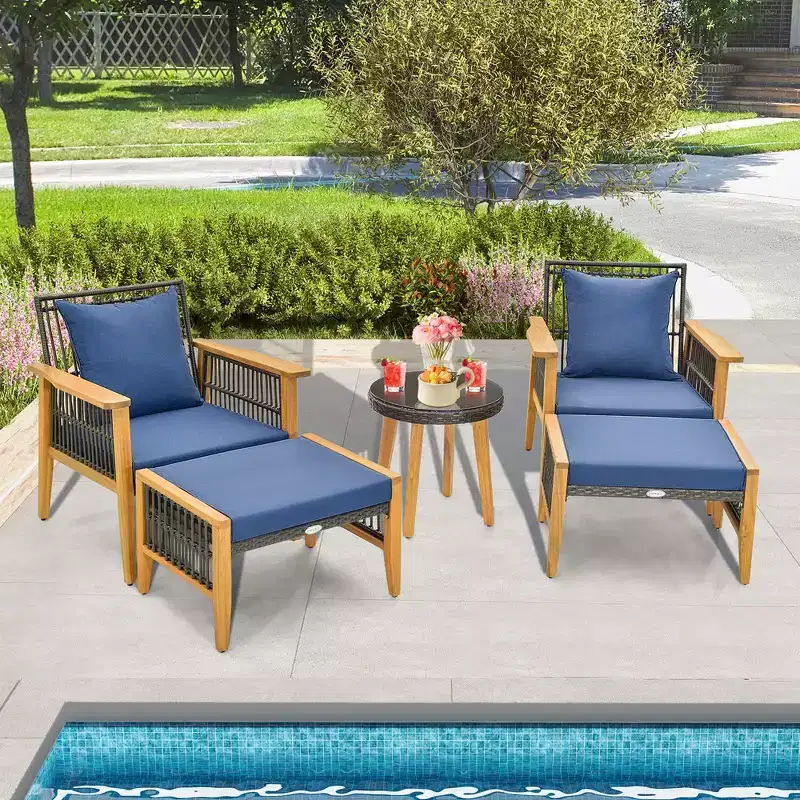 Costway 5 Pcs Patio Acacia Wood Wicker Woven Furniture Set with Coffee Table & 2 Ottomans Navy/Beige