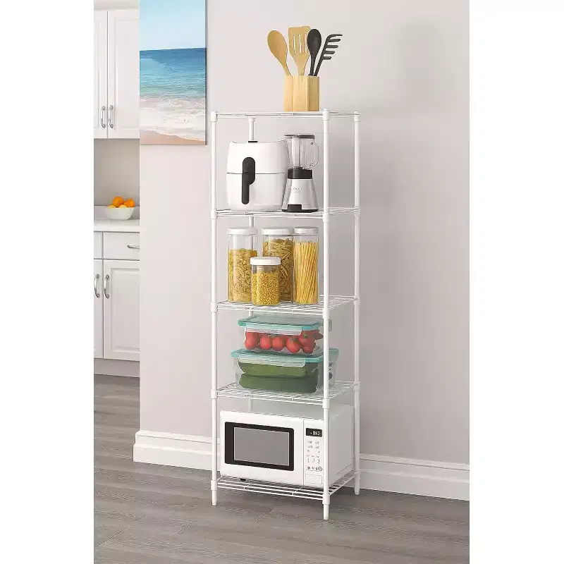 5-Tier Slim Metal Wire Shelving Unit, Adjustable Standing Rack with Leveling Feet for Pantry Kitchen Laundry, White 13.78D x 17.72W x 55.12H