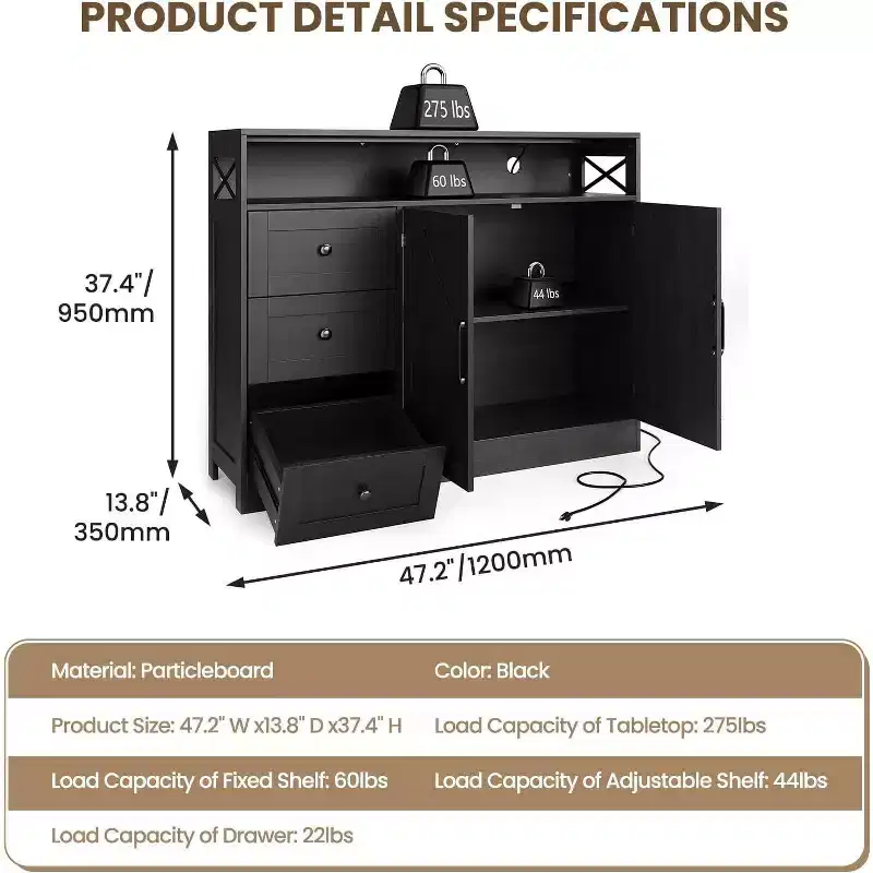 47.2 Modern Farmhouse Sideboard Buffet Cabinet with Storage, Built-in Power Outlet, 3 Drawers & 2 Barn Doors, Large Wood Coffee Bar Table
