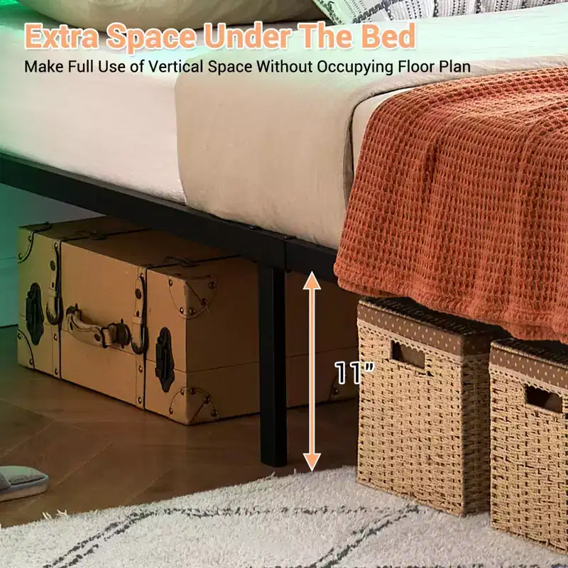 Queen Rattan Bed Frame with LED Light & Storage, Boho Woven Headboard Platform Bed, No Box Spring Needed for Queen Size Mattress