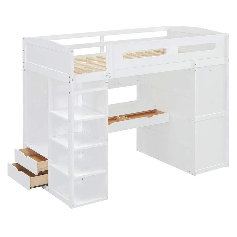 Loft Bed with Desk, Wardrobes, 4 Drawers and 4 Shelves