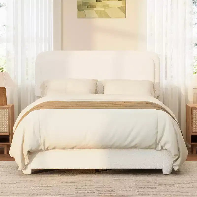 Modern Boucle Upholstered Platform Bed with Adjustable Curved Headboard