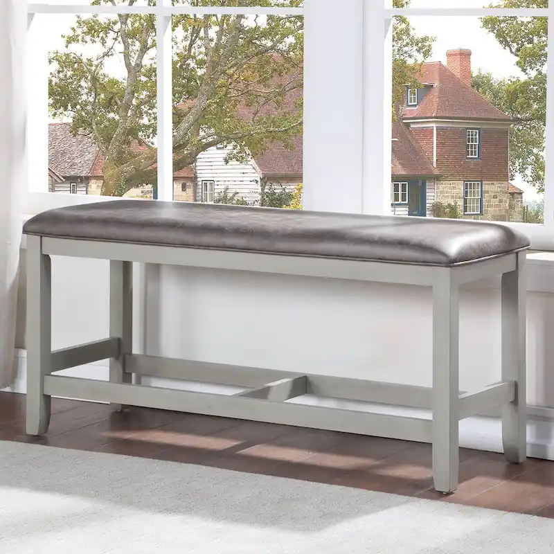 Counter Height Dining Bench, Stone Gray Upholstered Seat, Solid Wood Frame