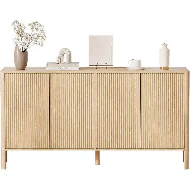 58 Inch Sideboard Buffet Cabinet, Modern Fluted Coffee Bar Cupboard Storage Cabinet with 4 Doors and Adjustable Shelves for Kitchen Entryway