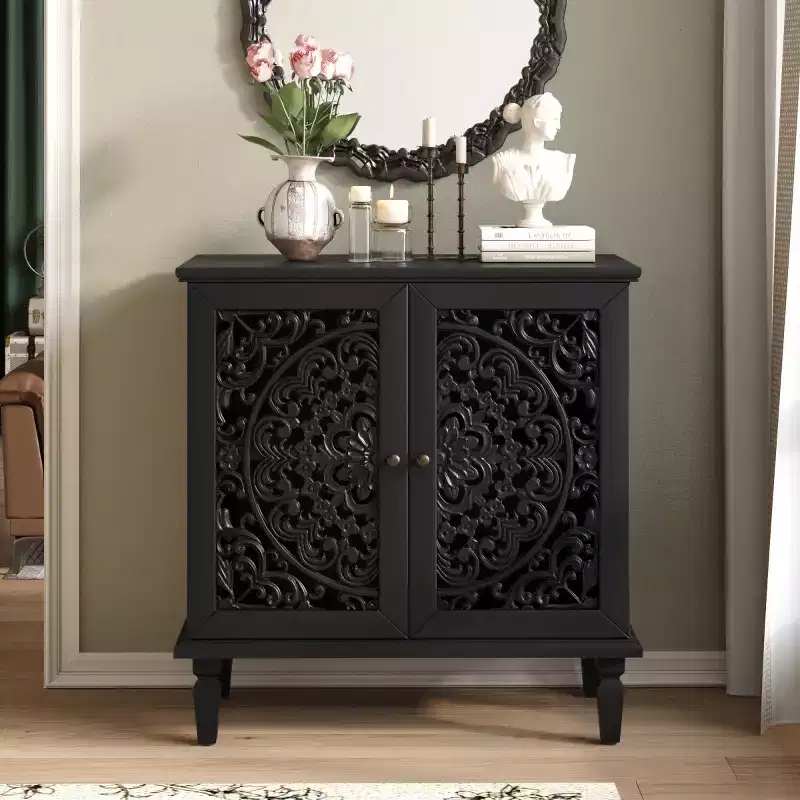 Vintage Display Storage Sideboard with 2 Hollow-Carved Doors, Elegant Accent Cabinet for Living Room, Entryway, or Small Spaces-Panipeachy