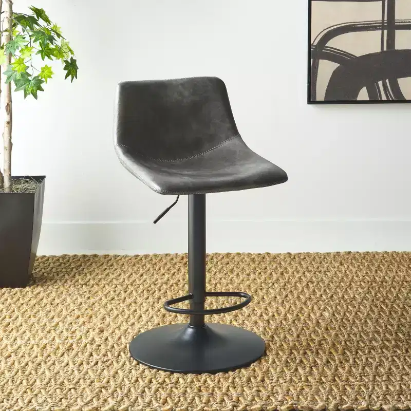 Adjustable Bar Stool, Iron Frame, PU Leather Seat, 360° Swivel, Footrest, 275LBS