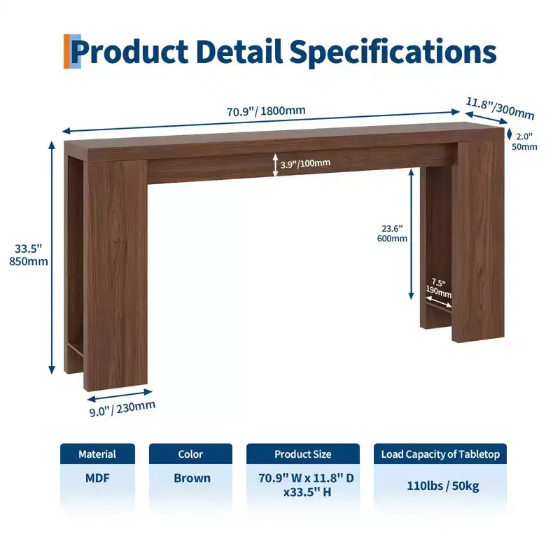 70.9-inch living room side table, a long and narrow country-style entryway table, suitable for entrances, hallways, easy to assemble.