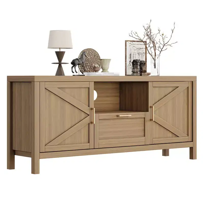 Farmhouse TV Stand for 55/65 TVs, 59 Entertainment Center with 2 Door Cabinets & Adjustable Shelves, Walnut Media Console for Living Room