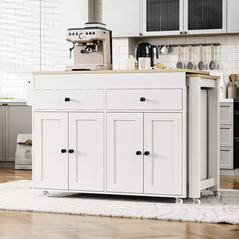 74 inch Mobile Kitchen Island with Wheels and Extendable Dining Table, Includes Spice Rack and 2 Drawers, Suitable for Kitchen, White