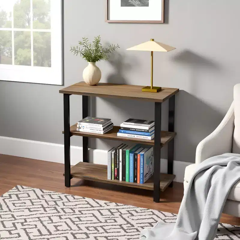 31" Pomona 2 Shelf Bookshelf Metal and Solid Wood Natural - Alaterre Furniture
