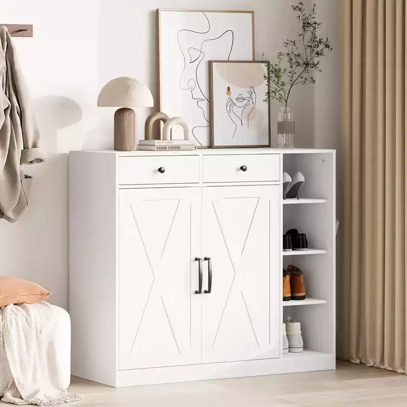 5-Tier Farmhouse Shoe Cabinet with 2 Barn Doors, 4 Cubbies & 7 Adjustable Shelves, White