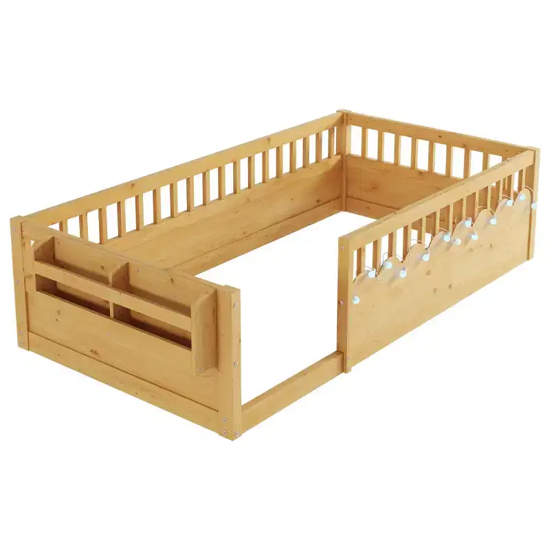 Zeus & Ruta Natural Wood Floor Bed Frame with High Rails, Built-In Light & Storage Shelf for Kids