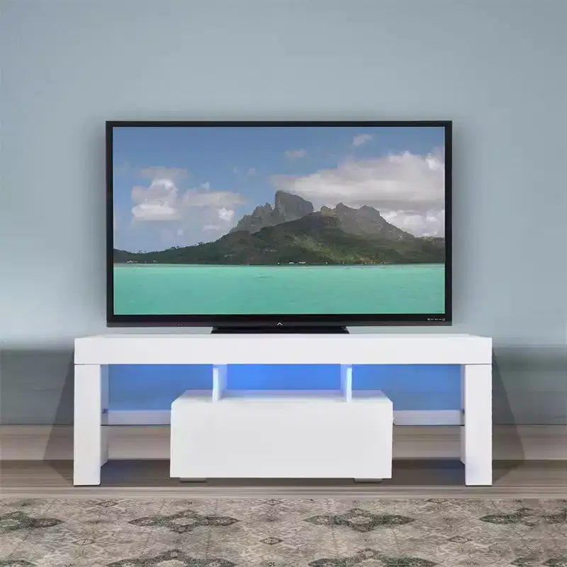 55-Inch LED TV Stand with Open Shelves & Flip Door, Modern Glass Shelf Media Console for Living Room Bedroom