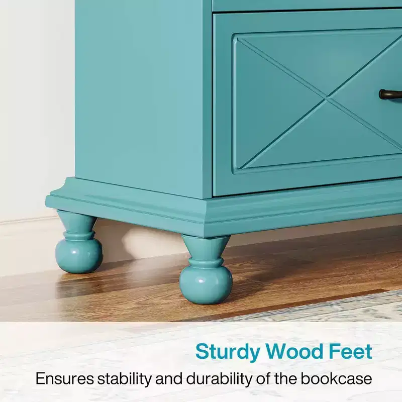 LITTLE TREE 70.87" 6 Shelf Bookcase with Drawer and Solid Wood Legs Ocean Blue