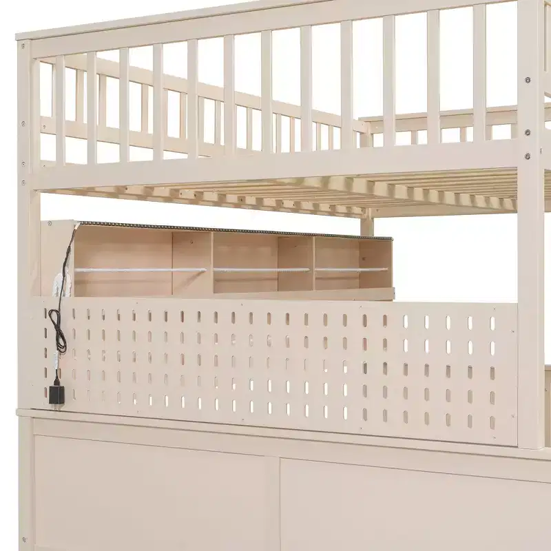 Full Xl Over Queen Low Bunk Bed With Built In Lighted Shelves And Pegboard