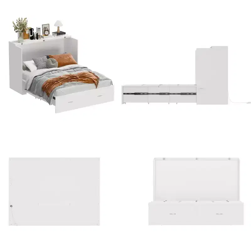 White Pull-Out Murphy Bed with Drawer & Charging Station – Full/Queen, 1–2 Person