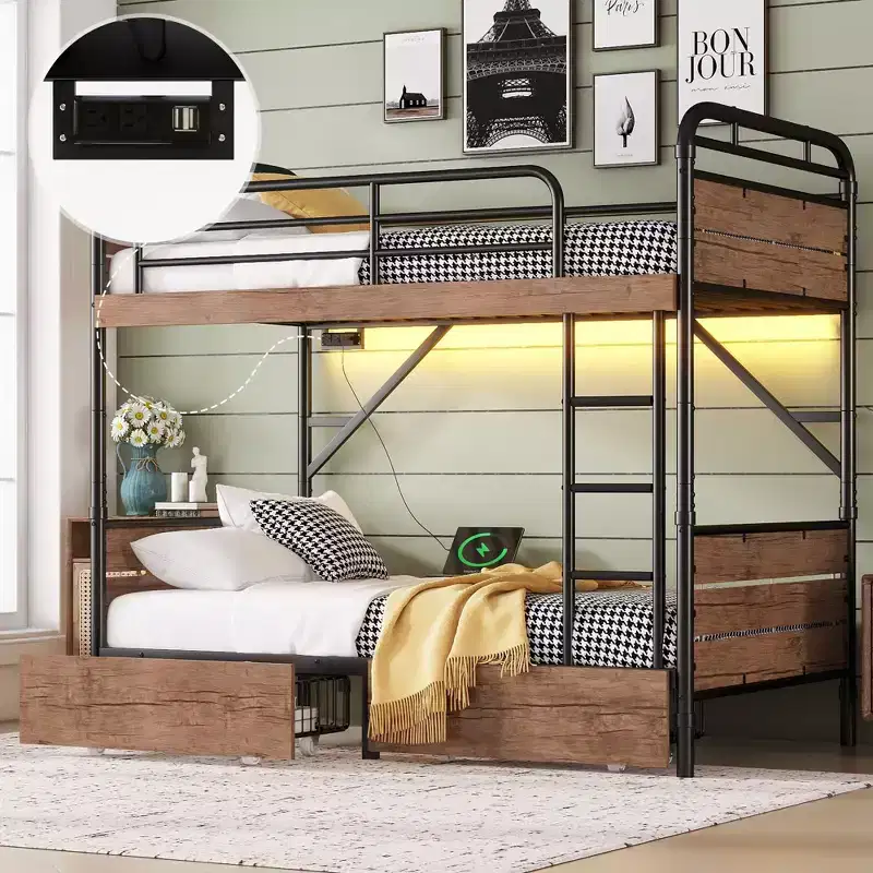 Twin XL over Twin XL Metal Bunk Bed Detachable Metal Bunk Bed with LED Light and Two Storage Drawers Black