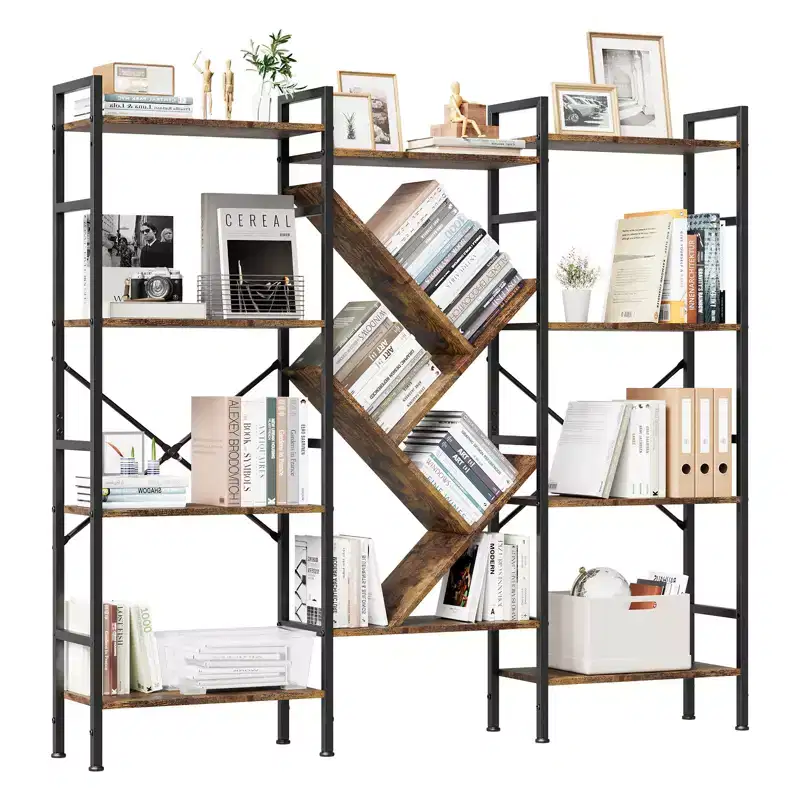 Triple Wide 5-Tier Bookshelf with Open Shelves and Steel Frame