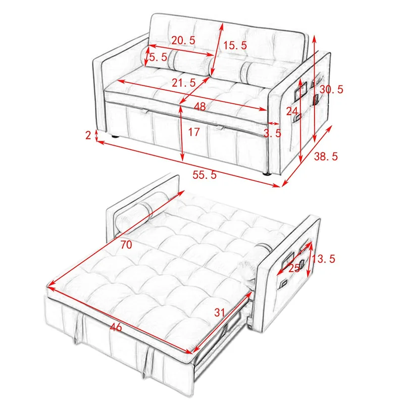 Modern 55.5 Pull Out Sleep Sofa Bed 2 Seater Loveseats Sofa Couch with side pockets, Adjsutable Backrest and Lumbar Pillow