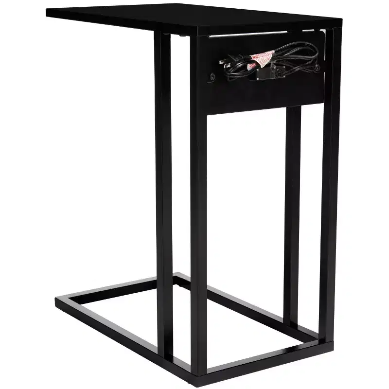 Black Iron C-Shape Side Table with USB Ports