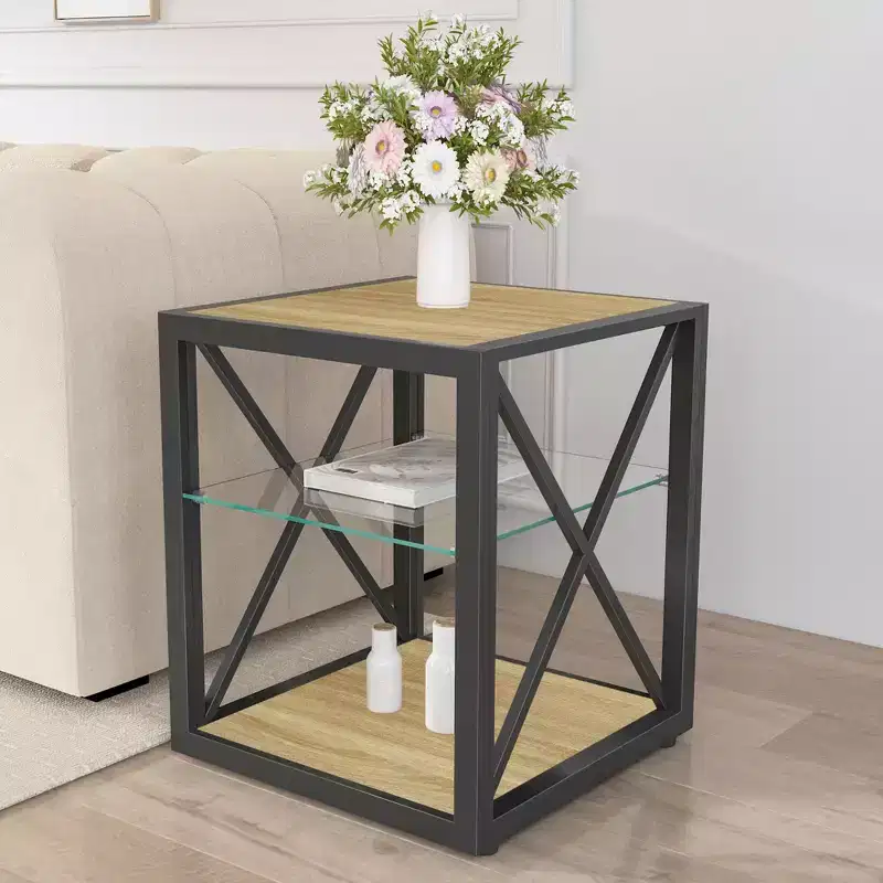 Modern End Table with Metal Frame, Industrial Side Table with Tempered Glass Shelf, Couch Table for Living Room, Bedroom