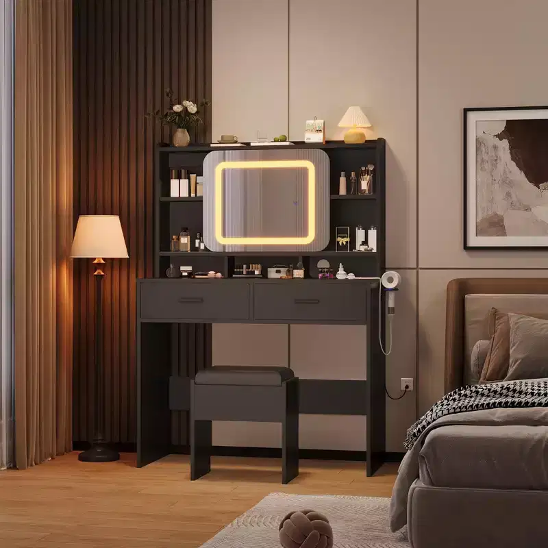 Dressing Table Glam Vanity Set with Sliding Mirror & Stool, Vanity Desk with Mirror Features 3-Color LED Lights