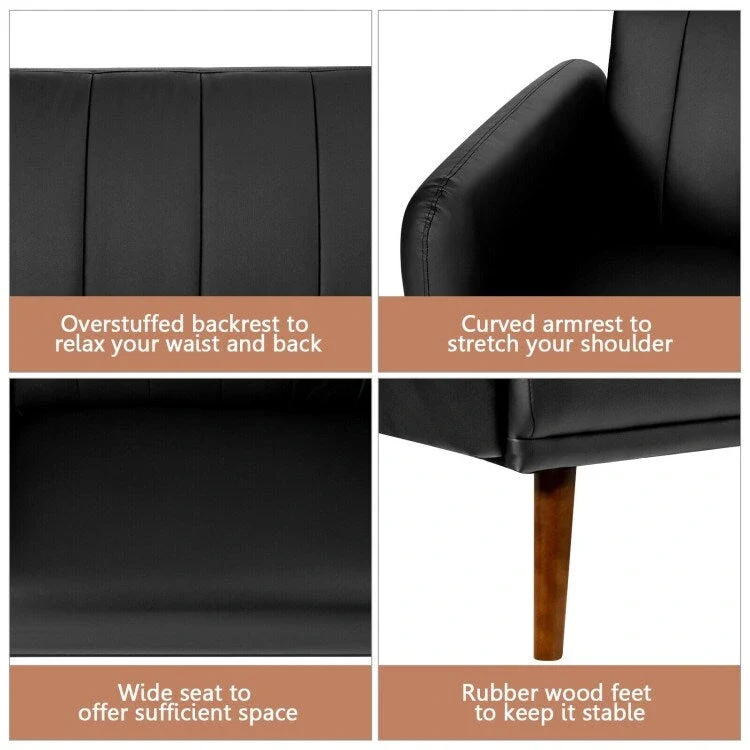 Convertible Sofa Bed with Adjustable Backrest and Faux Leather Upholstery