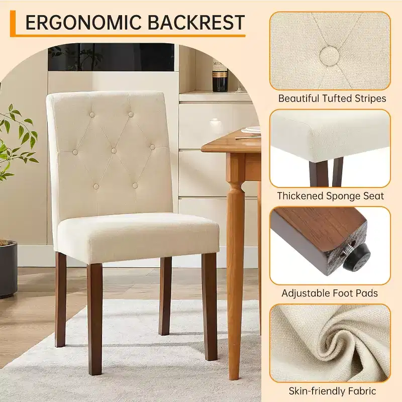 Button Tufted Parsons Dining Chairs Set of 2, Upholstered Fabric Kitchen Chairs with Padded Seats & Wood Legs, Living Room Kitchen Furniture
