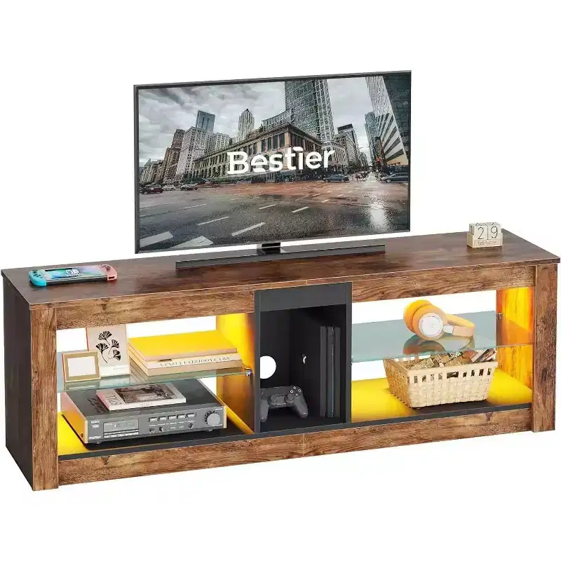 Particle Board TV Stand with Glass Shelves 18.5''H x 55.12''W x 13.78''D