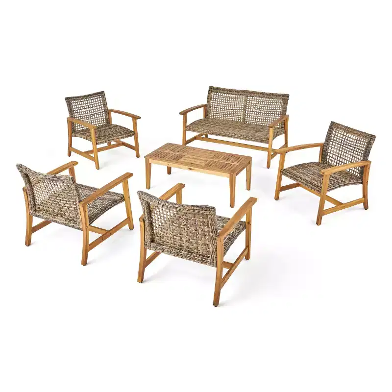 GDFStudio Savannah Outdoor Acacia Wood and Wicker 6 Seater Loveseat and Club Chair Chat Set