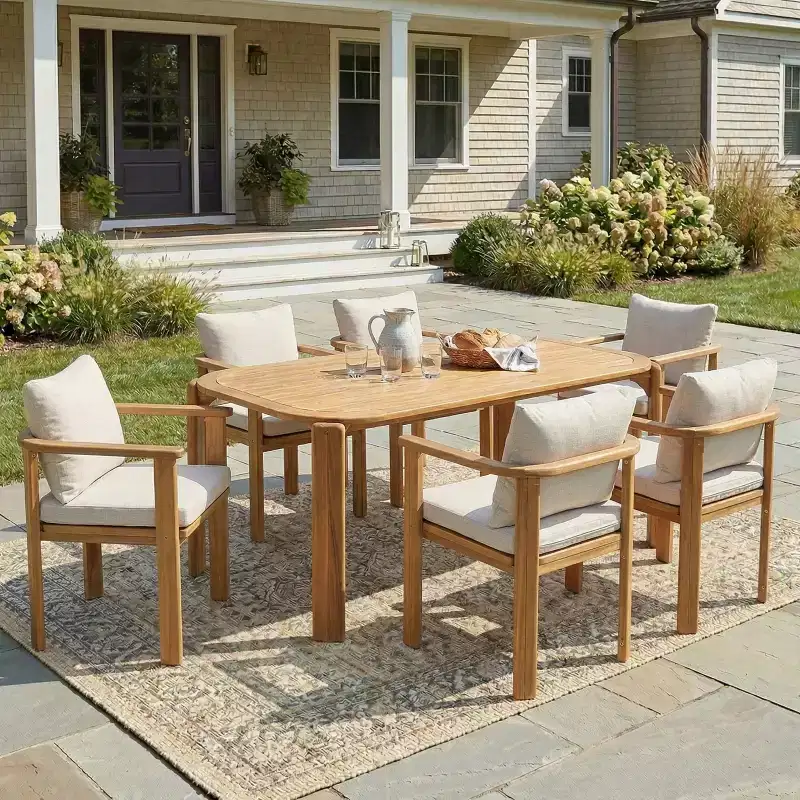 Christopher Knight Home Kaja Outdoor 7 Piece Acacia Wood Dining Set, Teak Finish Frame With Beige Cushion