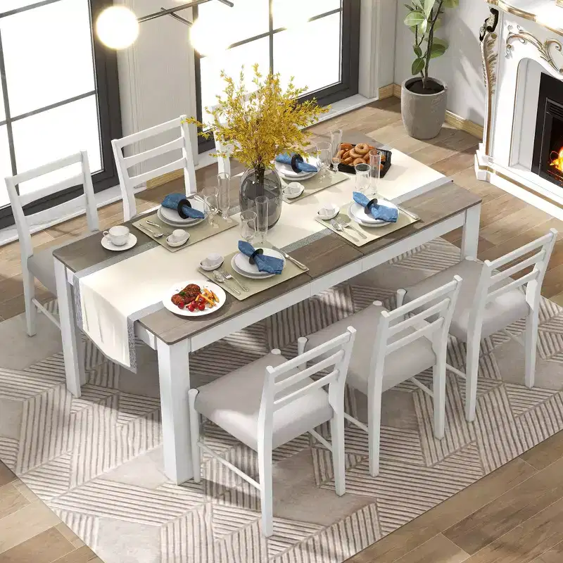 GDFStudio Louisa 7 Piece Extendable Wooden Dining Table Set with Upholstered Chairs